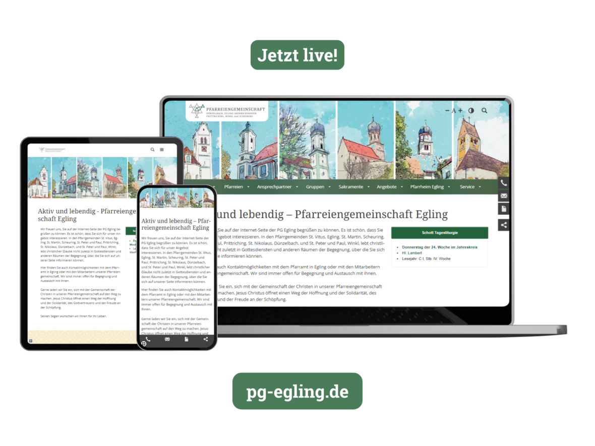 Mockup neue Webseite PG Egling Darstellung der Webseite auf Laptop, Tablet, Smartphone