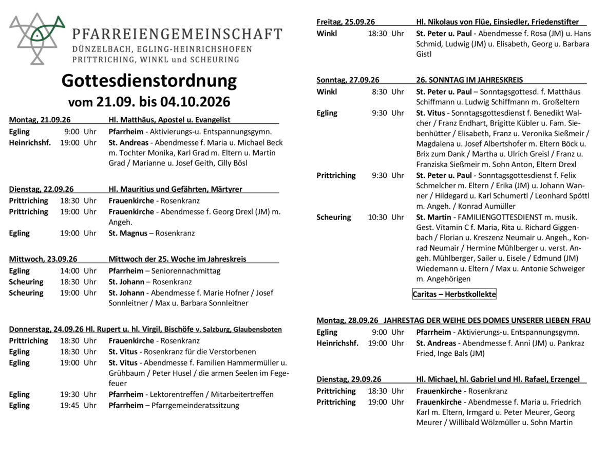 Gottesdienstordnung PG Egling 21.09.-04.10.2026