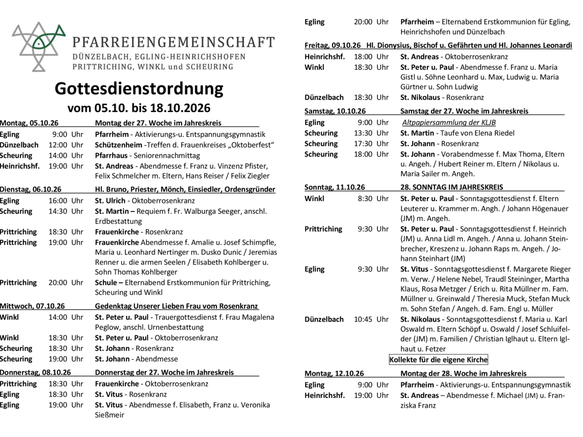 Gottesdienstordnung PG Egling 05.10. - 18.10.2026
