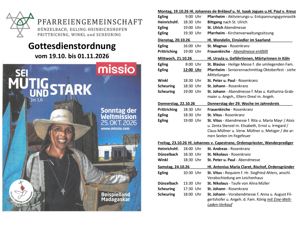 Gottesdienstordnung PG Egling 19.10. bis 01.11.2026